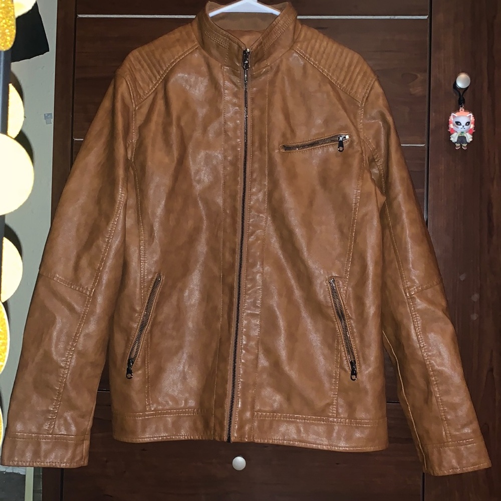 Brown Faux Leather Motorcycle Jacket Large